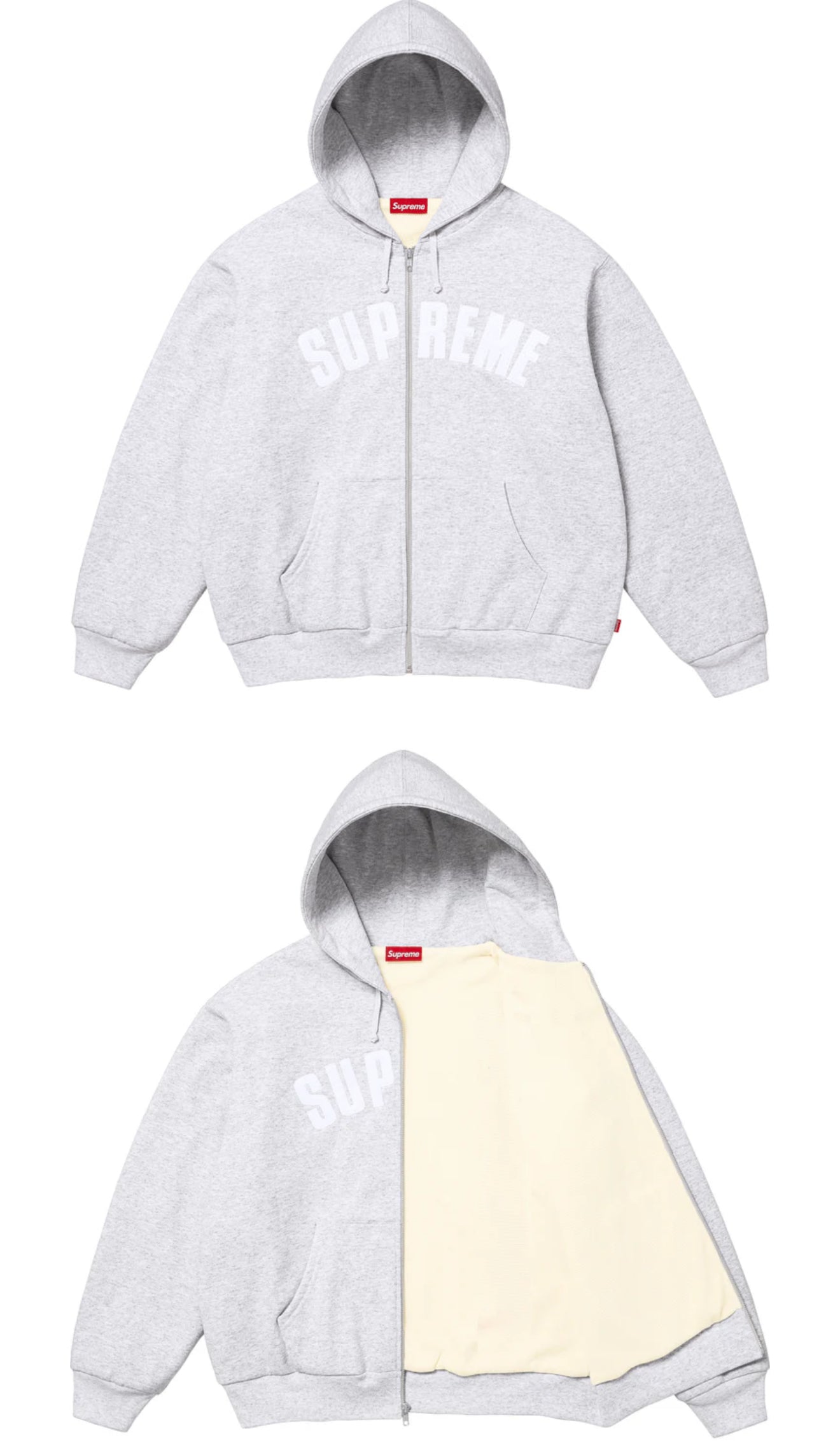 SUPREME THERMAL LINED ZIP UP HOODED SWEATSHIRT ASH GREY