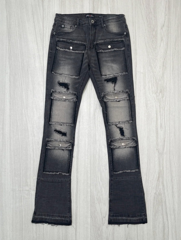 CARGO STACKED DENIM JEANS BLACK