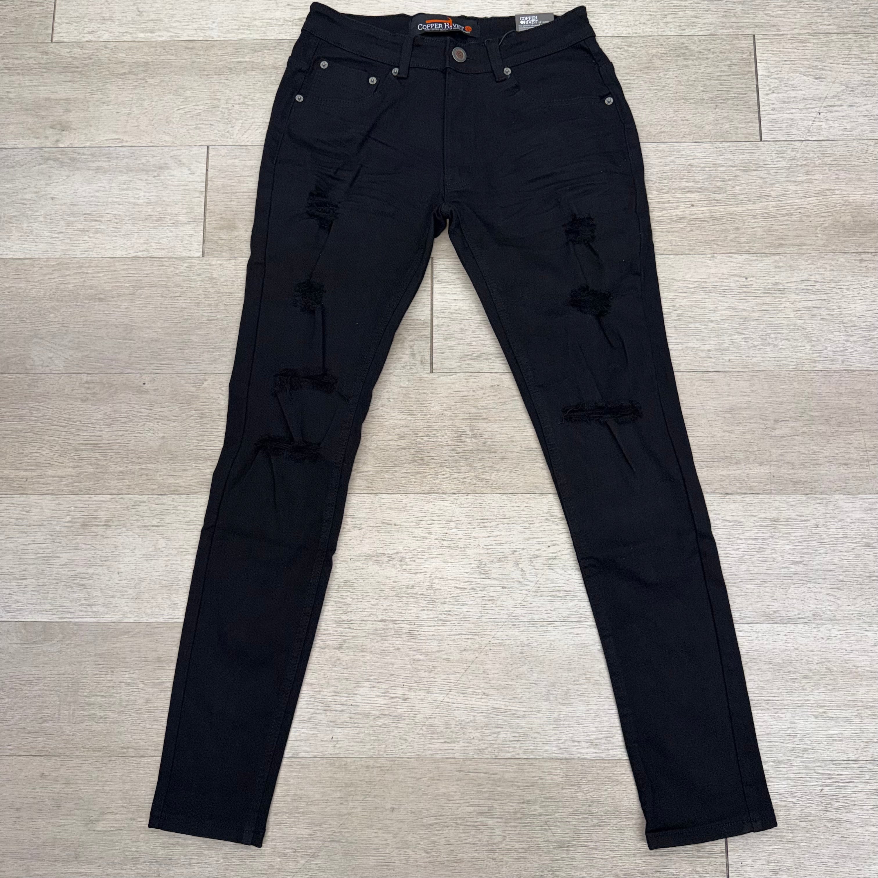COPPER RIVET BLACK DISTRESSED SKINNY JEANS