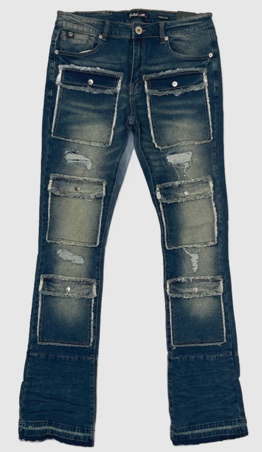 CARGO STACKED DENIM JEANS INDIGO BLUE/SAND WASH