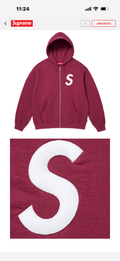 SUPREME S LOGO ZIP UP  HOODED SWEATSHIRT COLOR-RASPBERRY