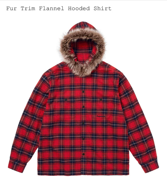 SUPREME FUR TRIMMED FLANNEL HOODED SHIRT RED