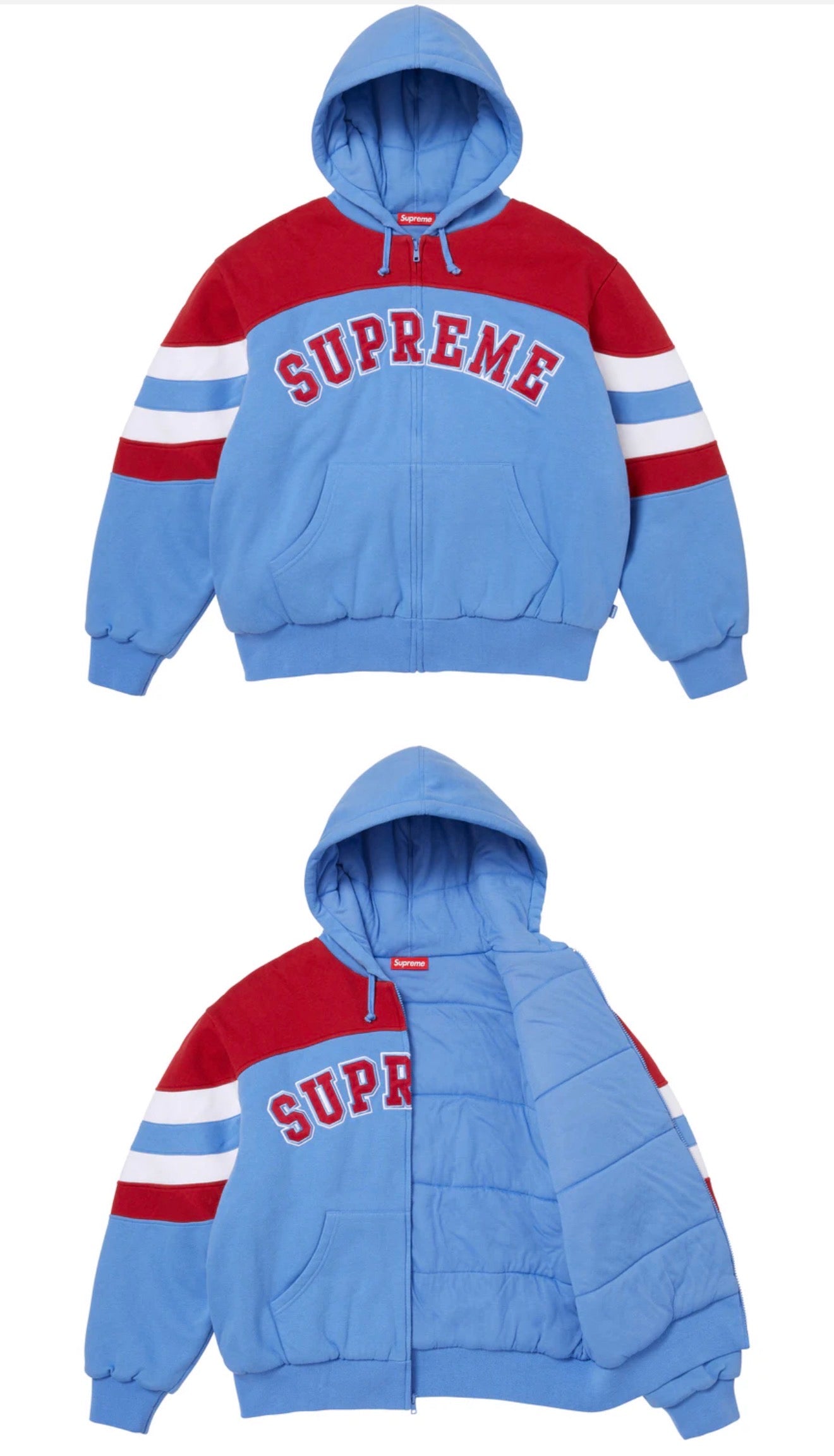 SUPREME FILLED ZIP UP HOODED SWEATSHIRT LIGHT BLUE